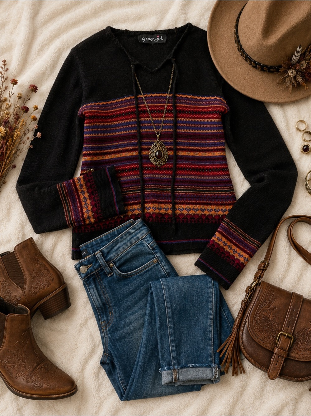 Goldengirl Black Crewneck Sweater with Multicolor Stripes